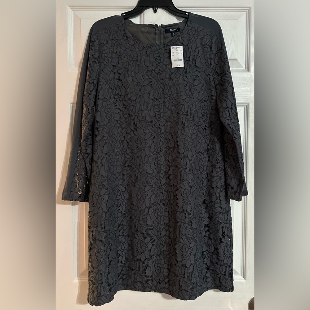 NWT Madewell Lace Crochet Shift Dress‎ Lined Long Sleeve Dark Gray - Size 8